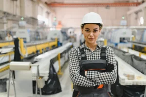 trabajadora línea de ensamblaje